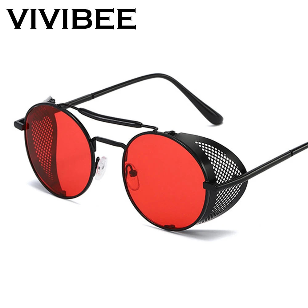 Top Trends: VIVIBEE Steampunk Sunglasses Men 2024 Trending Gothic Round Alloy Red Metal Punk Goggles Retro Party Sun Glasses Shoppable Styles