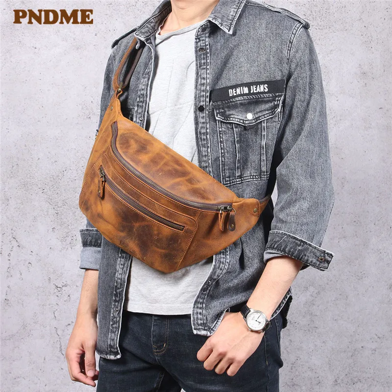 Top Trends: PNDME Vintage Crazy Horse Cowhide Men Chest Bag Multi-function Genuine Leather Waist Pack Real Leather Shoulder Messenger Bags Shoppable Styles