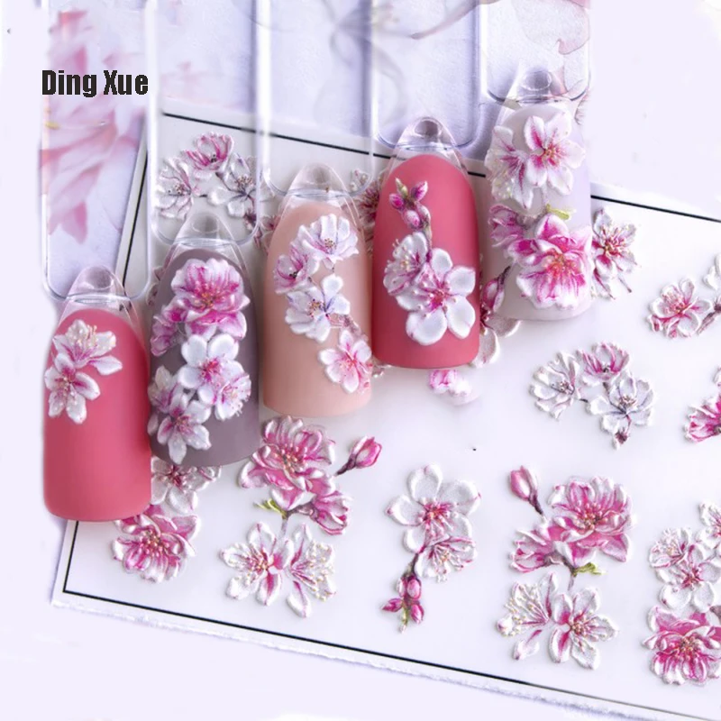 Top Trends: 1pc 3D Acrylic Engraved Nail Sticker Embossed White&amp;Pink Color Flower Water Decals Empaistic Nail Water Slide Decals Z0342 Shoppable Styles