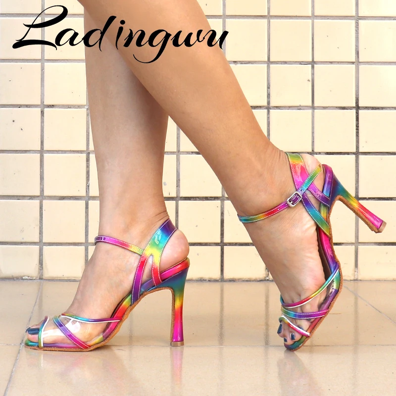 Top Trends: Ladingwu Hot Brand Tango Dance Shoes Women Girls Latin Salsa Patry Dance Shoes Rainbow PU Black Dance Shoes Unique Design Shoppable Styles