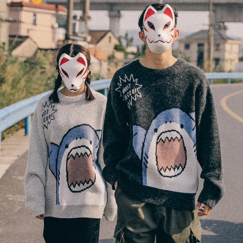 Top Trends: ZAZOMDE Couple Sweater Cartoon Shark Casual Loose Hip Hop Knit Pullover Autumn Winter Oversized Sweater Unisex Pullover Tops Men Shoppable Styles