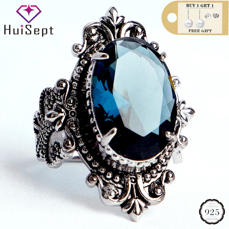 Top Trends: HuiSept Vintage 925 Silver Ring Jewellery Big Oval Shaped Sapphire Gemstones Rings For Male Female Wedding Party Gifts Wholesale Shoppable Styles