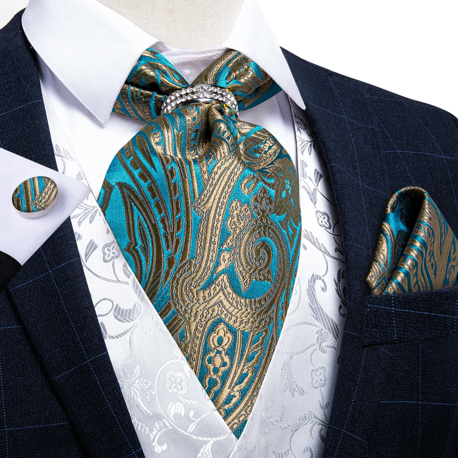 Top Trends: Men Vintage Teal Blue Gold Paisley Formal Ascot Tie Self British Style Gentleman Silk Cravat Necktie Set Hanky Tie Ring DiBanGu Shoppable Styles - Image 2