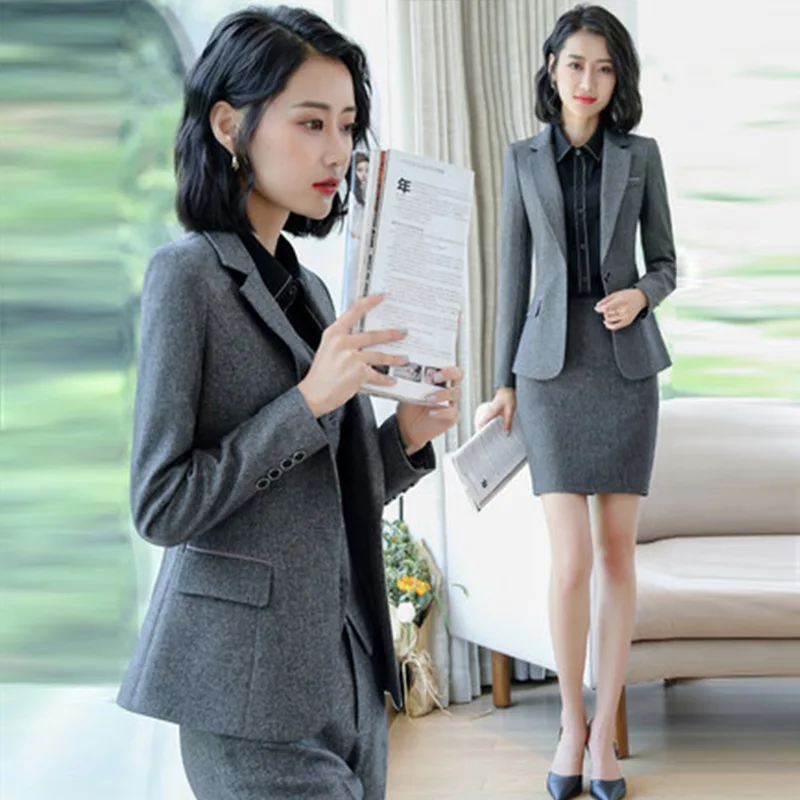 Top Trends: 2022 Autumn Winter Formal Ladies Grey Blazer Women Business Suits With Sets Work Wear Office Uniform 5XL Size Pants Jacket Shoppable Styles