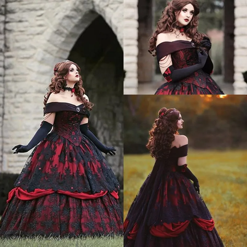 Top Trends: Gothic Belle Red Black Lace Wedding Gown Vintage Lace-up Corset Strapless Tiered Beauty Off Shoulder Plus Size Bridal Gown Shoppable Styles