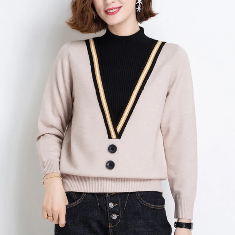 Top Trends: New Fake Two-piece Women Sweater 2022 Autumn Winter Half High Collar Long Sleeve Pullovers Top Femme Knitted Loose Sweater Mujer Shoppable Styles