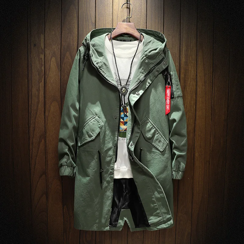 Top Trends: Long Trench Coat Jacket Men Cotton Autumn Spring Black Hip Hop Japanese Coats Streetwear Men's Hooded Army Green Casual Jackets Shoppable Styles - Image 3