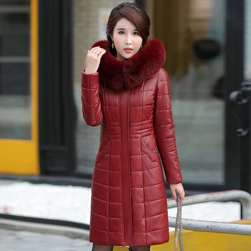 Top Trends: L-8XL New Women Long Leather Overcoat Winter 2023 Mother Sheepskin Coat Thicken Warm Fur Collar Hooded Jacket Outerwear Female Shoppable Styles