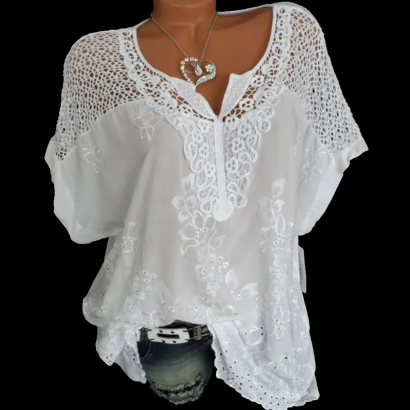 Top Trends: 2021 Summer Short Sleeve Womens Blouses And Tops Loose White Lace Patchwork Shirt Big Size 4xl 5xl 6XLWomen Tops Casual Clothes Shoppable Styles