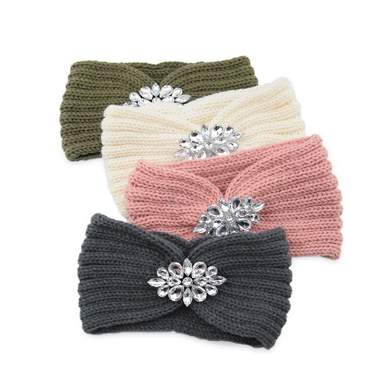 Top Trends: Winter Wide Knitted Headband Women Clear Crystal Flower Twist Crochet Hair Band Head Wrap Rhinestone Ear Warmer Accessories Shoppable Styles