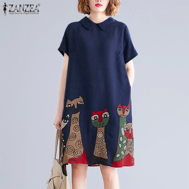 Top Trends: Womens Vintage Cartoon Print Dress ZANZEA Lapel Knee Vestidos Casual Loose Short Sleeve Sundress 2023 Summer A Line Robe Femme Shoppable Styles