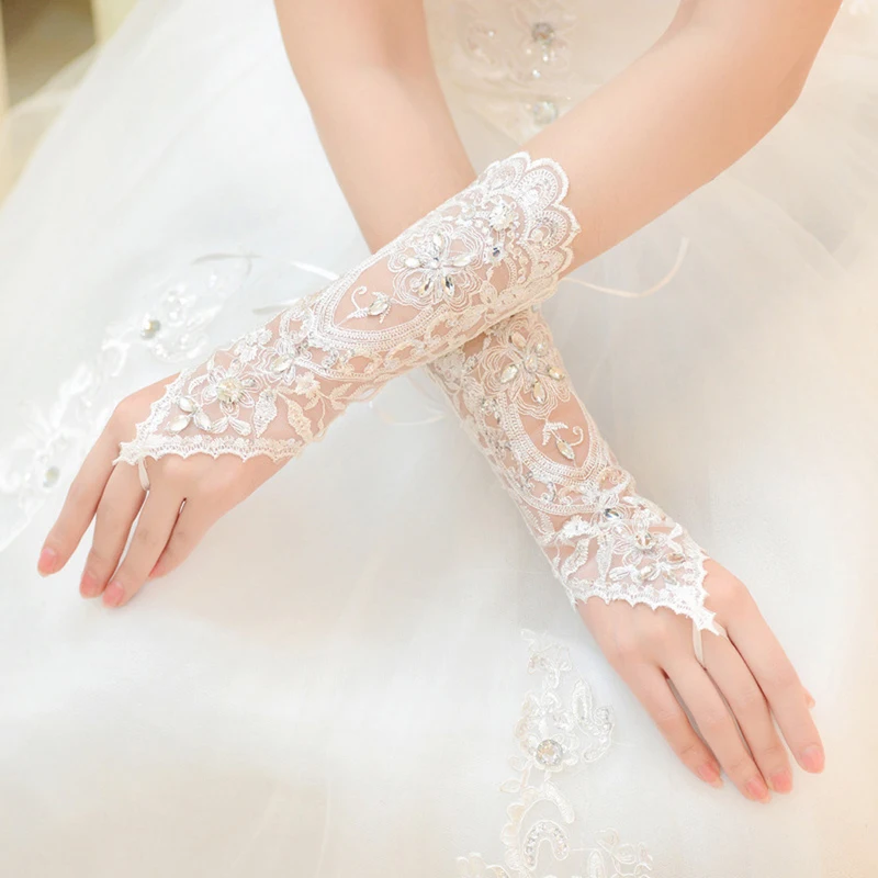 Top Trends: Lady Bride Wedding Dress Lace Hollow Out Bridal Gloves Bead Fingerless Glove Hot Shoppable Styles