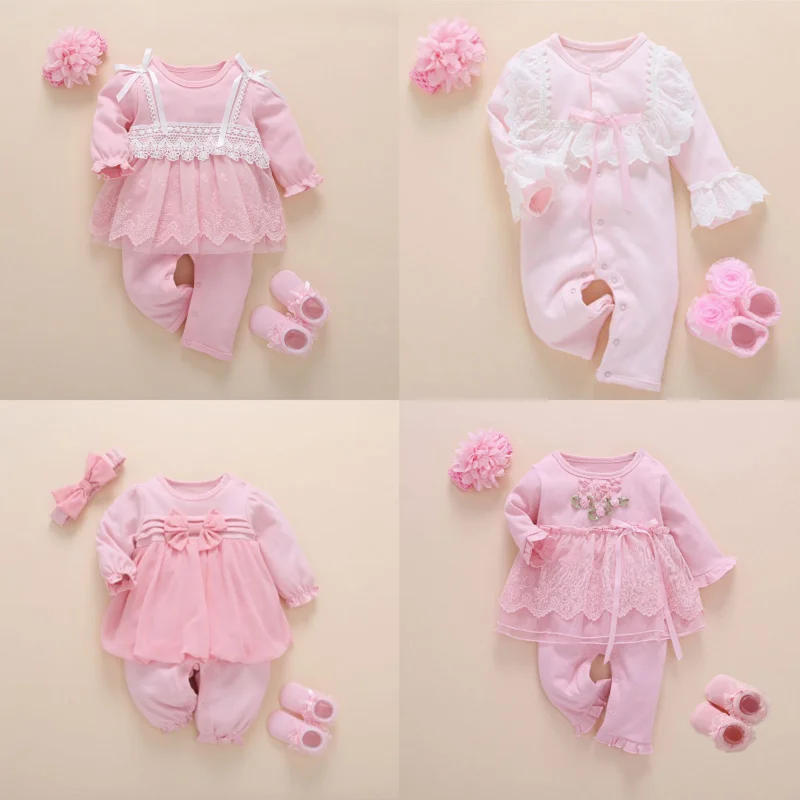 Top Trends: Newborn Baby Girl Clothes Fall Cotton Lace Princess Style Baby Jumpsuit 0-3 Months Infant Romper With Socks Headband Ropa Bebe Shoppable Styles