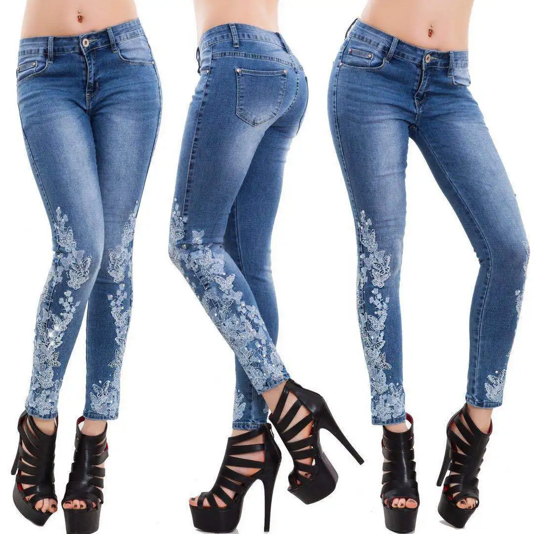 Top Trends: S-5XL Large Size High Elastic Skinny Jeans Embroidered Slim Blue Y2k Pants Trousers For Women Clothing Pantalon Pour Femme Shoppable Styles