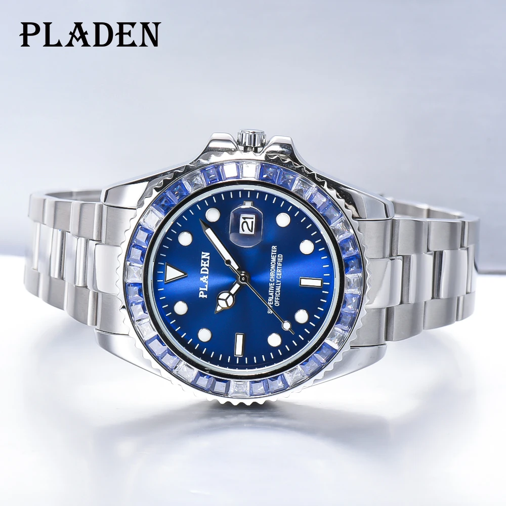 Top Trends: PLADEN New Luxury Men Quartz Wristwatch Blue Diamond Bezel Stainless Steel Watch Top Brand Sapphire Glass Man Clock Reloj Hombre Shoppable Styles