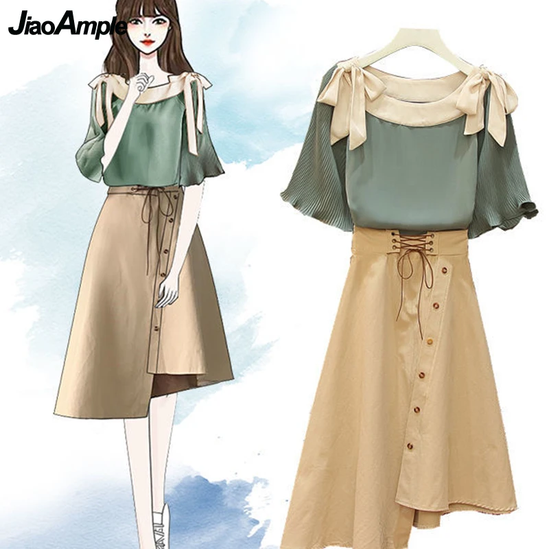 Top Trends: Women's Graceful Two Pieces Clothing Set Summer 2022 Fashion Bow Shirts+ Asymmetrical Skirts Suit Lady Casual Joker Streetwear Shoppable Styles