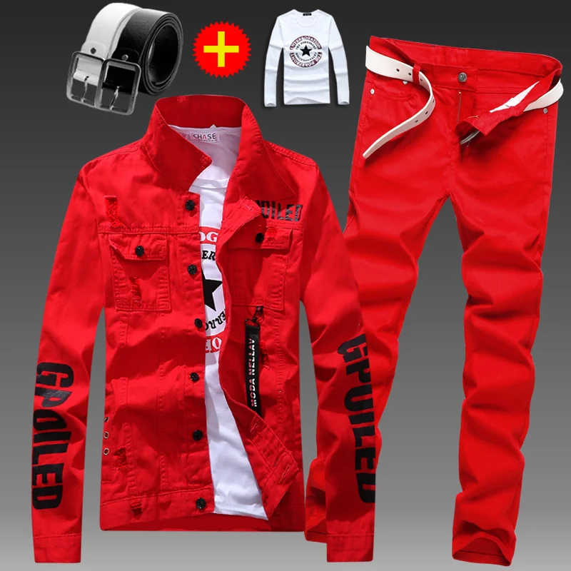 Top Trends: Men's Slim Fit Denim Jacket Pants 2pcs Set Long Sleeve Coats Letters Printed Casual Large Size Black White Red Boys Trousers Shoppable Styles