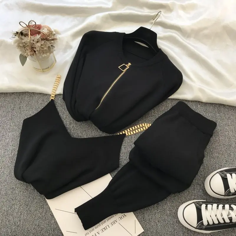 Top Trends: Fashion Women Sets 2021 Autumn Winter Knitted Vest Zipper Cardigans Pants 3pcs Sets Tracksuits Outfits Women's Clothing Shoppable Styles