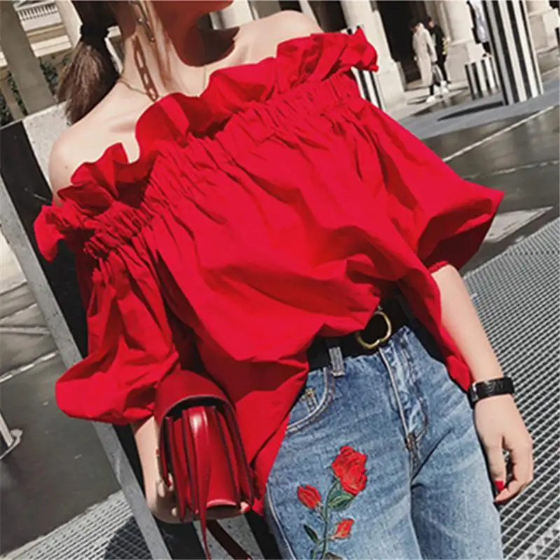 Top Trends: Ruffles Fashion Woman Blouse Off The Shoulder Youth Elegnat Blouses Luxury Tops Designer Puff Sleeve 2022 Korean New Shoppable Styles