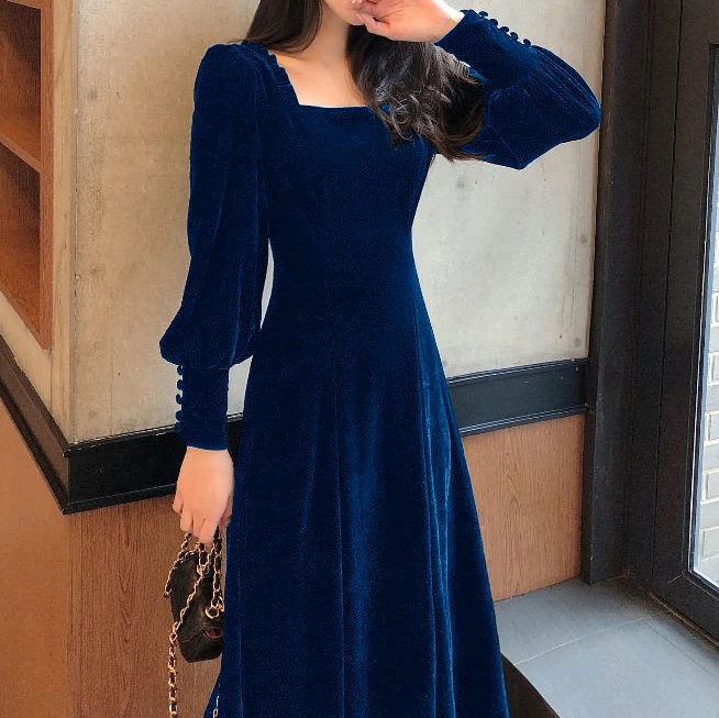 Top Trends: French Retro Waist Waist Was Thin Black Dress Long-sleeved Gold Velvet Dress Autumn And Winter Vestido Midi Elegante Shoppable Styles