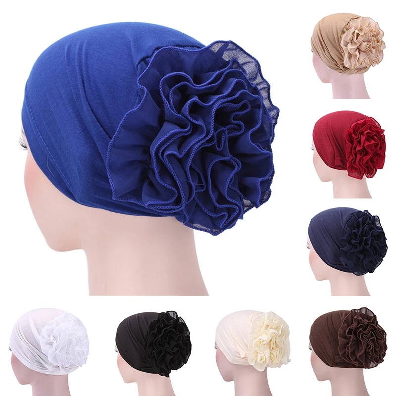 Top Trends: Woman Big Flower Turban Hair Accessories Head Wrap Hijab Hat Chemo Beanie Ladies Muslim Hair Loss Scarf Cap Solid Color Headwear Shoppable Styles