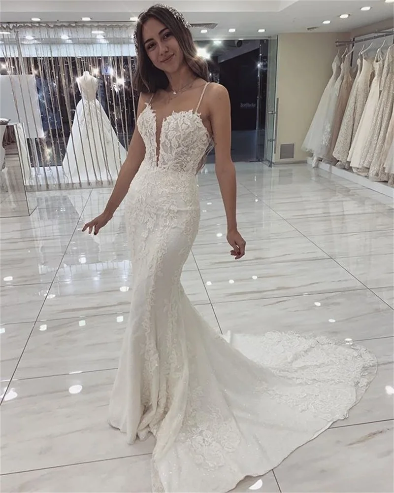 Top Trends: 2023 New Backless Mermaid Wedding Dresses Spaghetti Straps Lace Appliques Sexy Sweetheart Robe De Mariée Vestidos De Novia Shoppable Styles