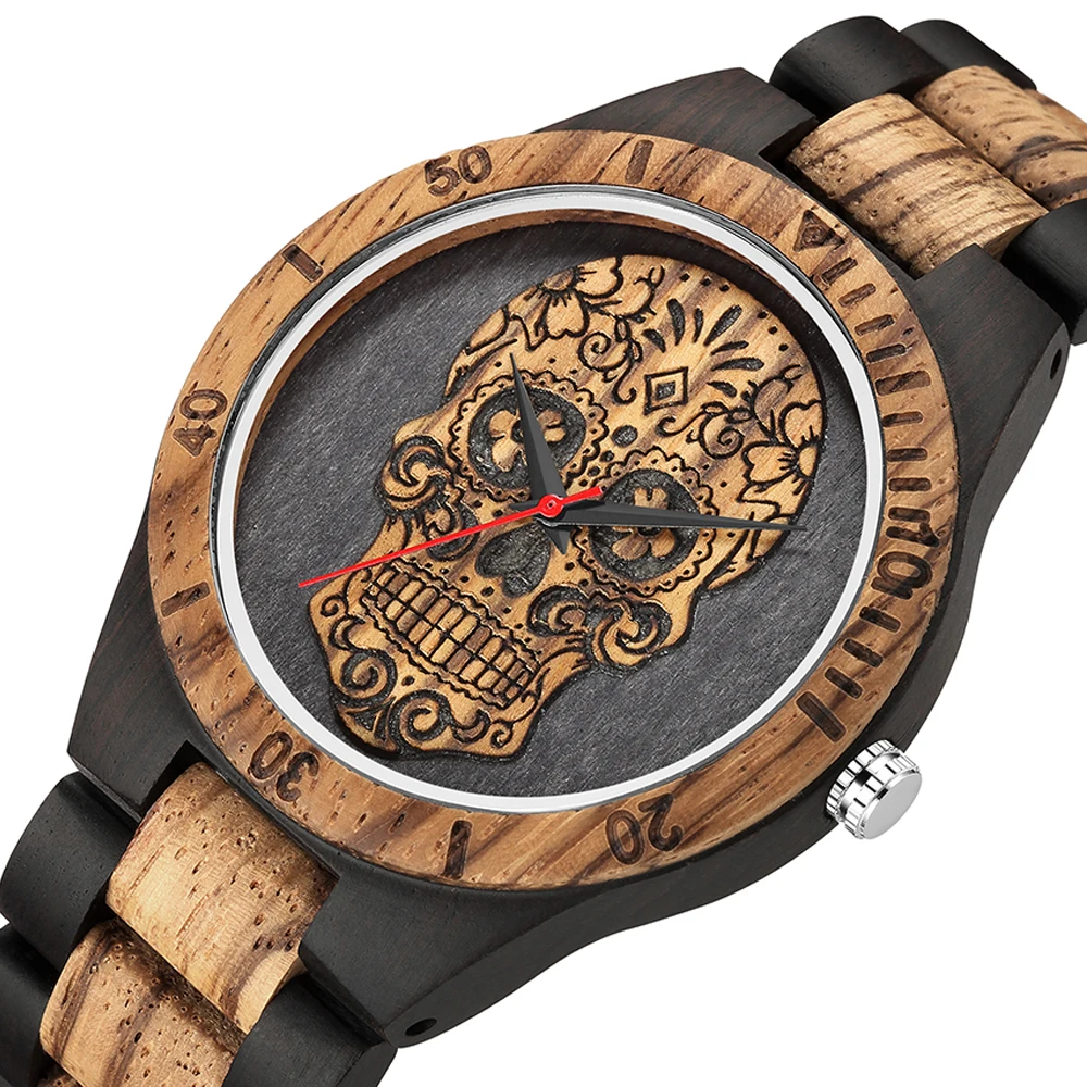 Top Trends: Cool Man Steampunk Skull Head Wooden Watch Men Skeleton Engraved Mexico Punk Rock Dial Clock Watches Relogio Masculino Shoppable Styles