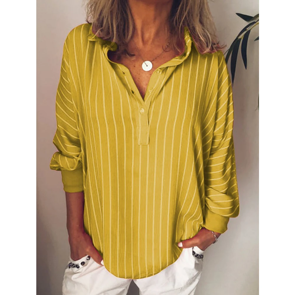 Top Trends: Fashion Summer Woman Blouses Stripe Loose Casual Striped Button Lapel Girl Long Sleeve Shirt Top Blouse Button Female Clothing Shoppable Styles