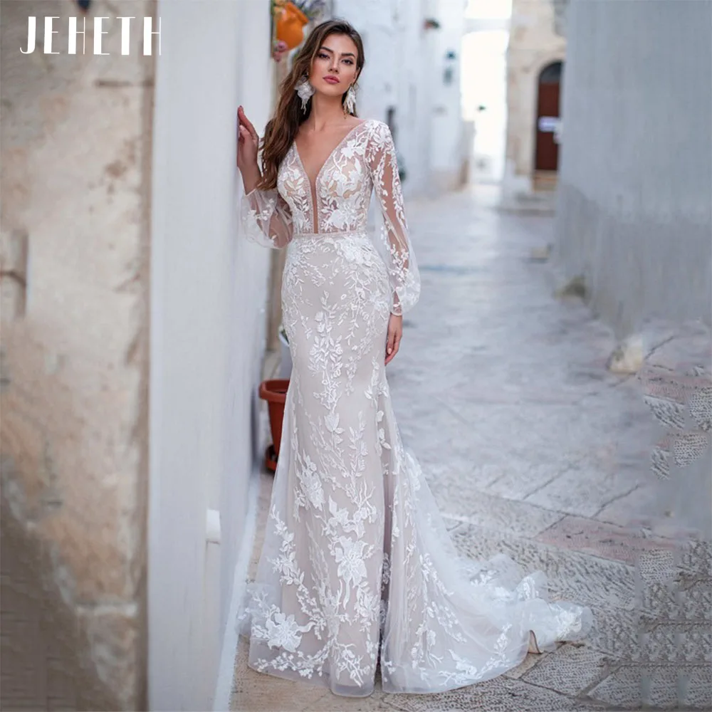 Top Trends: JEHETH Luxury Backless Tulle Mermaid Wedding Dresses 2022 Long Sleeve Lace Appliques V-neck White Bridal Gown Vestidos De Novia Shoppable Styles