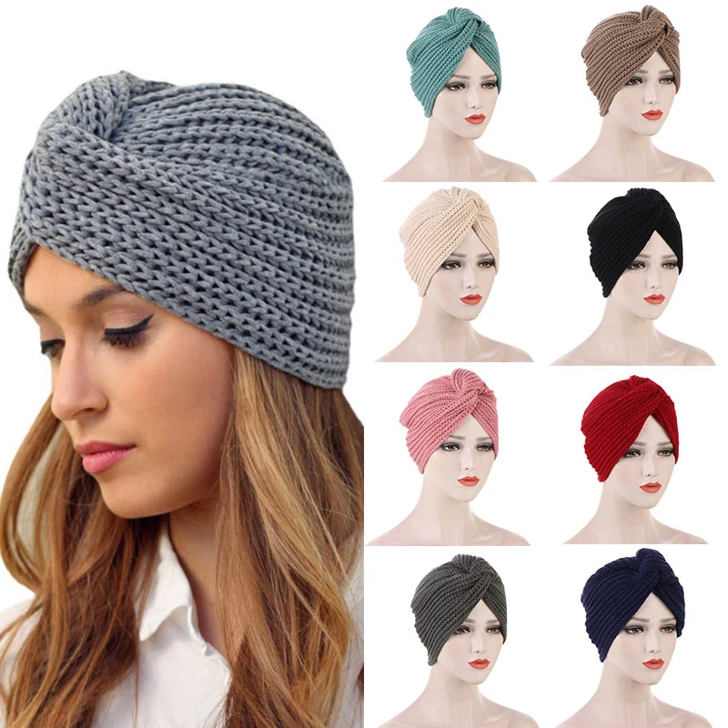 Top Trends: Fashion Women Knitted Turban Hats Inner Hijab Caps Muslim Headdress India Hat Wool Bonnet Arab Wrap Head Scarves Turbante Mujer Shoppable Styles