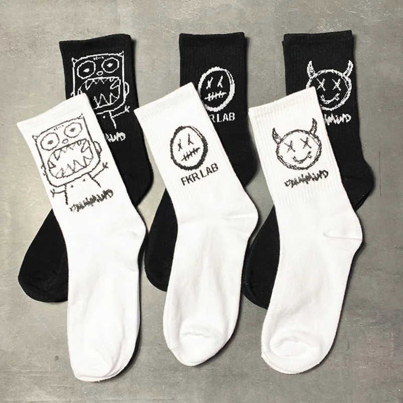 Top Trends: Japanese Cotton Cartoon Pattern Hip Hop Style Breathable Mid Tube Socks Skateboard Socks 1Pair Soft Long Sock For Men Shoppable Styles