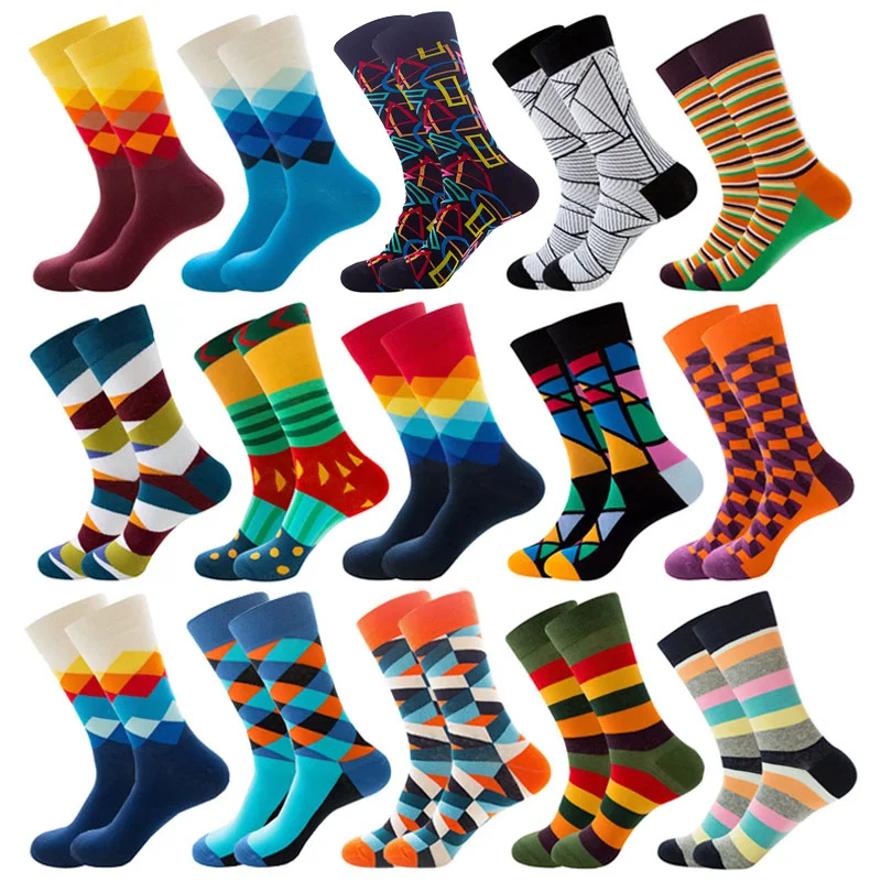 Top Trends: Mens Happy Colorful Striped Socks Quality Plaid Diamond Pattern Argyle Geometric Harajuku Combed Cotton Sock Christmas Gift Shoppable Styles