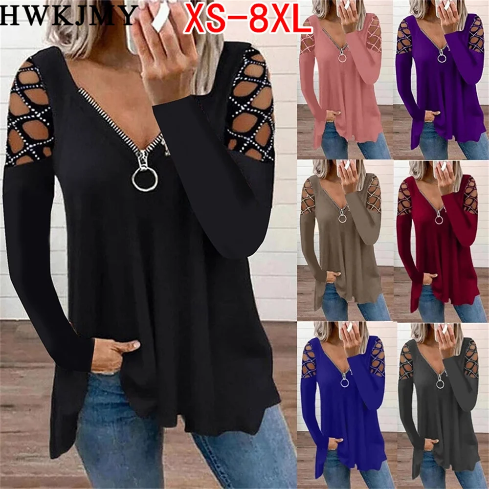 Top Trends: Women's Fashion Casual Clothes Off Shoulder Long Sleeve Tops V-neck Zipper Tees LadiesT-shirt Loose Cotton Shirts 5XL Shoppable Styles