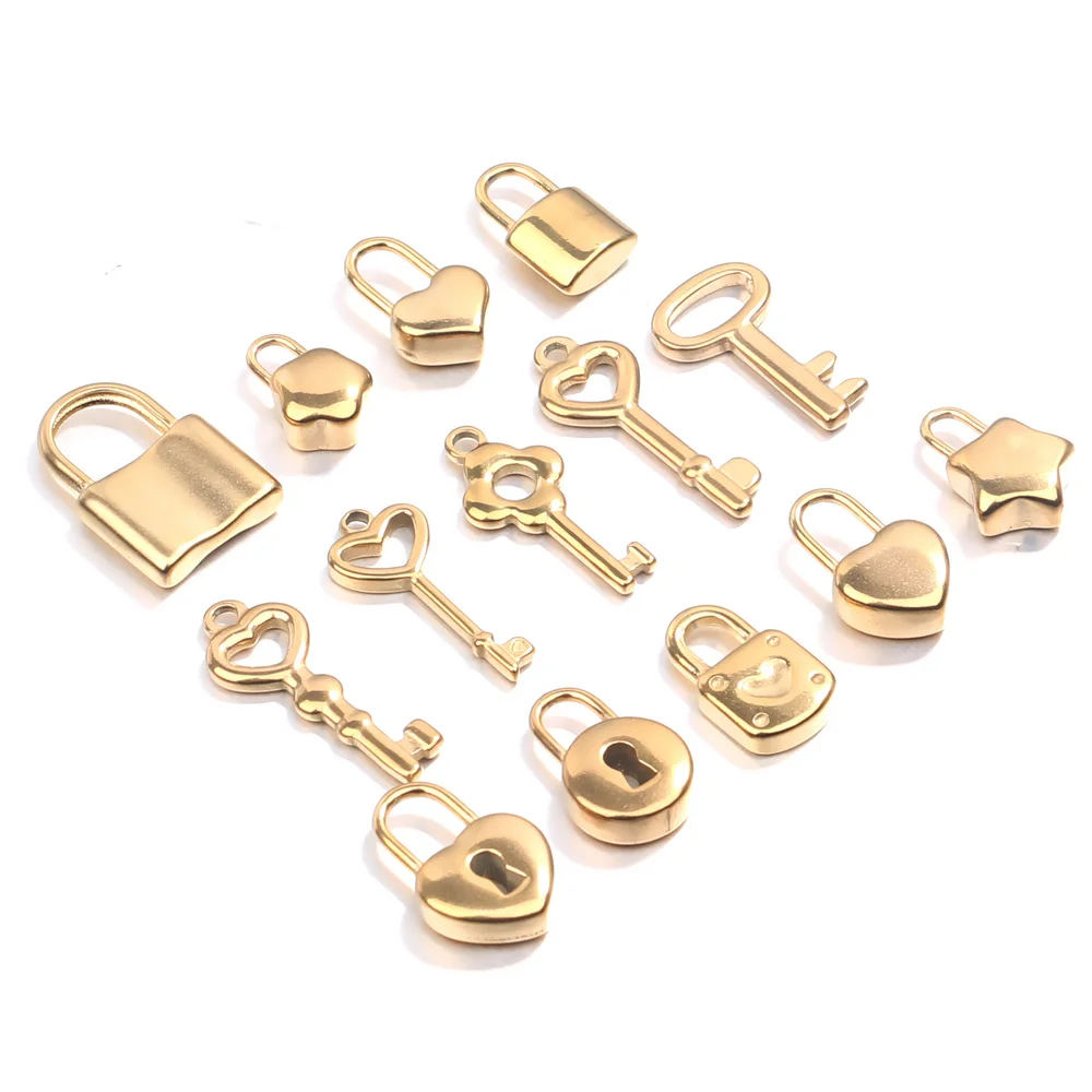 Top Trends: 5pcs / lot Stainless Steel Gold Lock Key Charms Couple Love Pendants For Diy Hip Hop Necklace Bracelet Jewelry Makings Wholesale Shoppable Styles