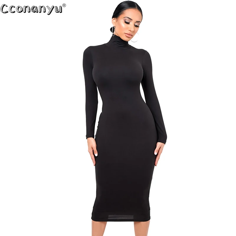 Top Trends: Winter Black Turtleneck Sexy Women Dress Autumn Long Sleeve Skinny Midi Boydcon Casual Blue Plush Knee-Length Party Club Shoppable Styles