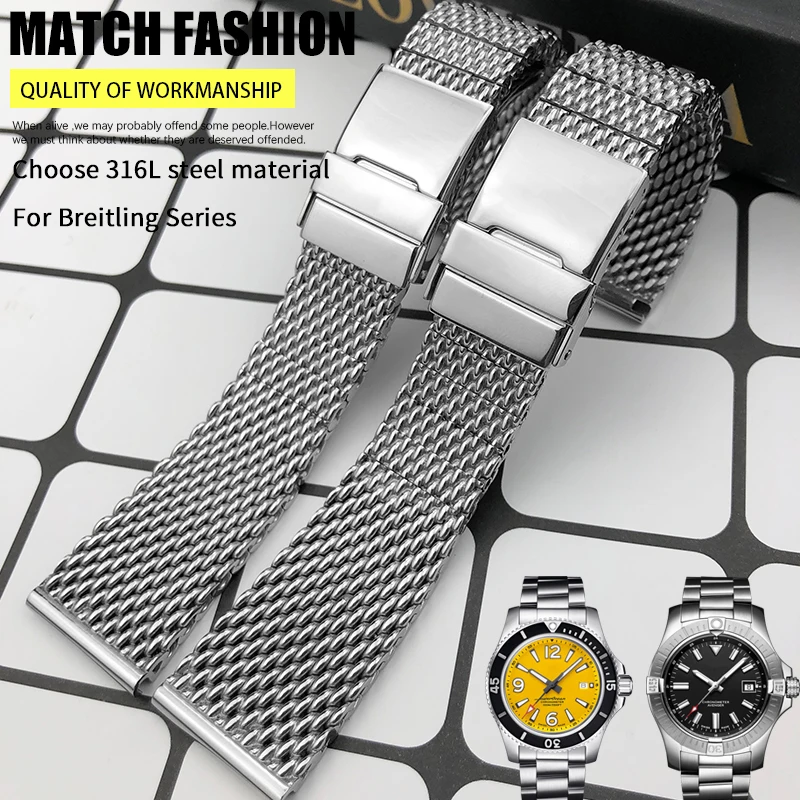 Top Trends: High Quality Stainless Steel 22mm 24mm Watch Band Fit For Breitling Superocean Heritage Solid Metal Bracelets Mesh Woven Strap Shoppable Styles