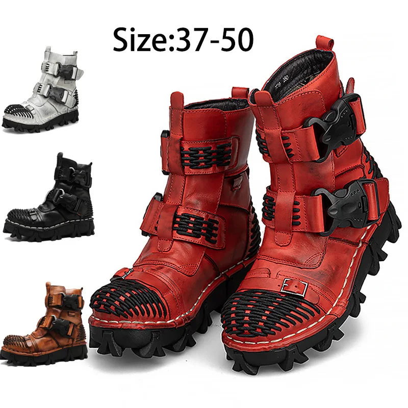 Top Trends: New Men&#039;s Motorcycle Boots Genuine Leather Military Combat Boots Gothic Skull Punk Boots Tactical Boots Men Platform Basic Boots Shoppable Styles