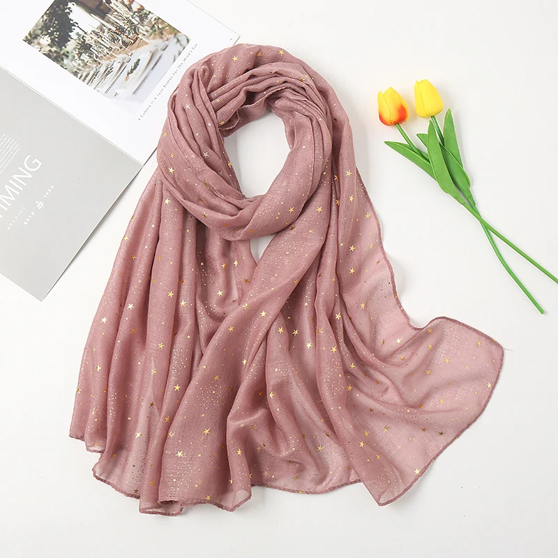 Top Trends: 2021 Newest Glitter Cotton Scarf Women Luxury Muslim Fashion Hijab Golden Stars Women&#039;s Scarves Foulard Femme Musulman Bandana Shoppable Styles