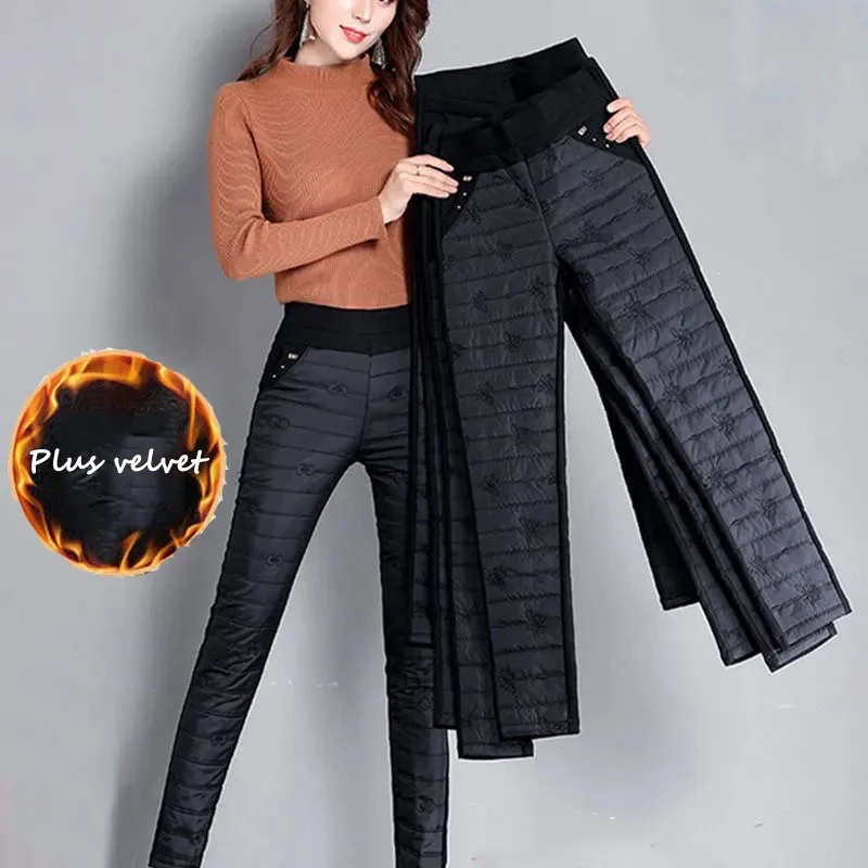 Top Trends: Winter Thick High Waist Embroidery Trousers Women Fashion Down Warm Cotton Velvet Pants Mom Snow Straight Large Size Sweatpants Shoppable Styles