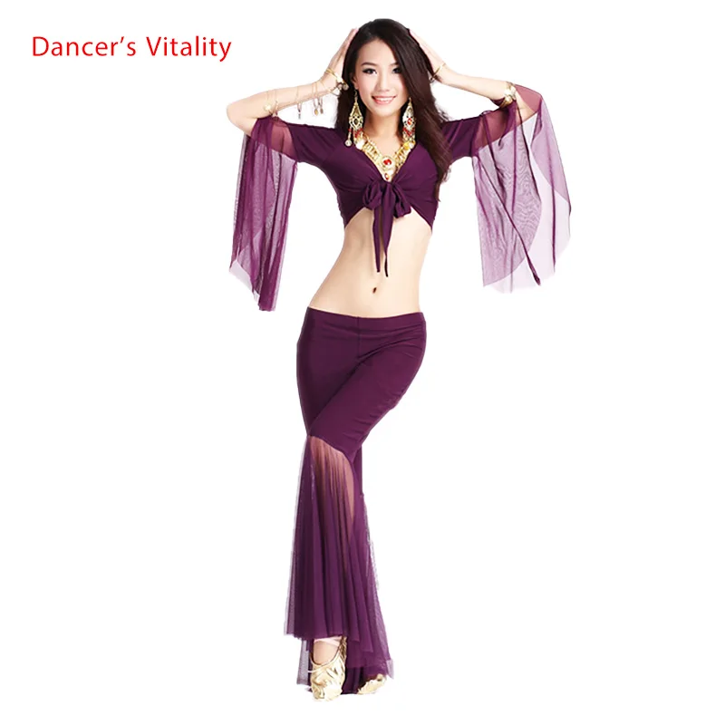 Top Trends: HOT SALE Mesh Speaker Sleeves Belly Dance Set Women 2pcs Top And Five Point Trousers Belly Dance Suit 12colors M And L Shoppable Styles