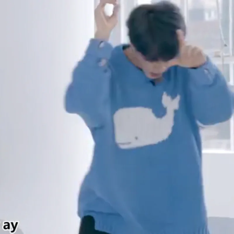 Top Trends: JIN Sky Blue Cute Cartoon Whale Sweater Long Sleeve Pullovers Winter Top Loose 김석진 Same Knitwear Sweater Casual Outwear Fall New Shoppable Styles