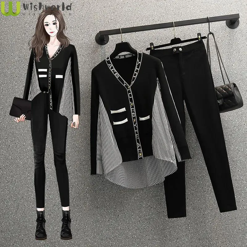 Top Trends: Early Autumn Of 2021 The New Large Size Ladies' Fashion To Reduce Fat Sister Age Stripe Splicing Thin Pants Suit Female Shirt Shoppable Styles