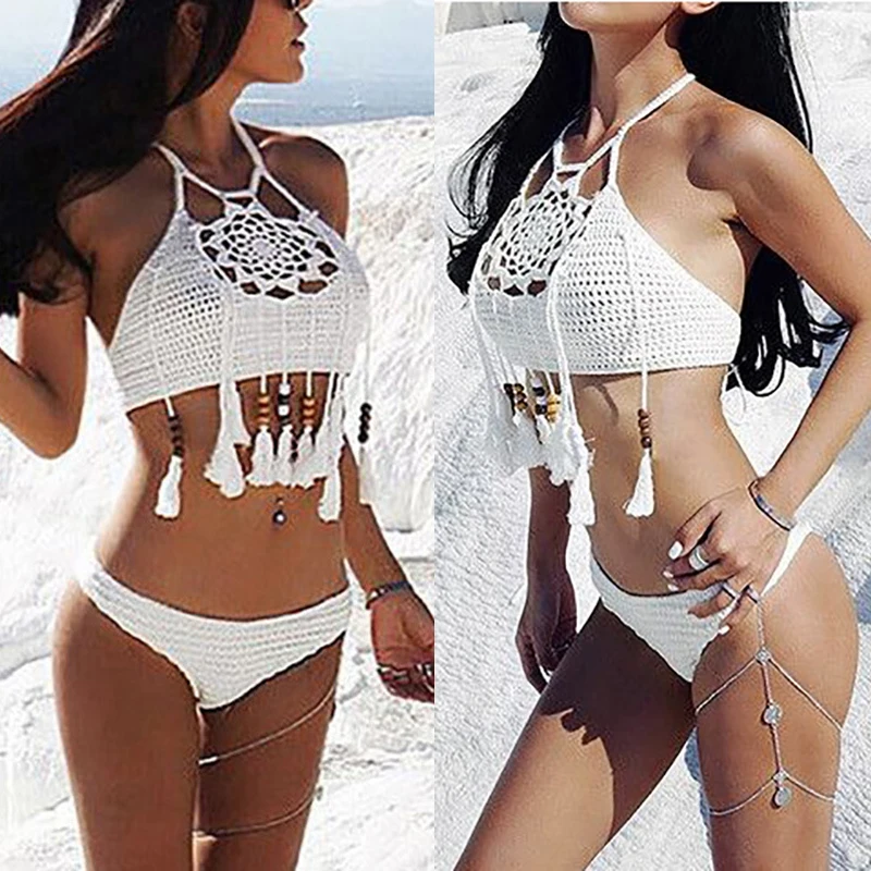 Top Trends: 2020 Sexy Bikini Swimwear Women Swimsuit Brazilian Bikini Set Crochet Halter Beaded Tassel Top Sexy Hollow Out Swimwear S-L Shoppable Styles