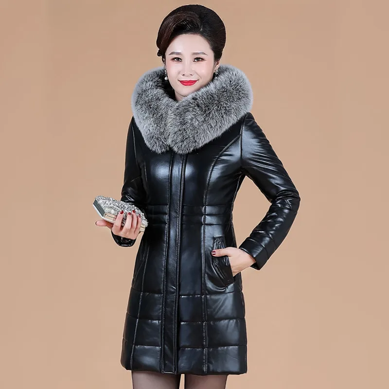 Top Trends: L-8XL Mother Leather Coat Winter 2023 Women Split Sheepskin Jacket Thicken Warm Faux Fur Collar Hooded Outerwear Long Overcoat Shoppable Styles