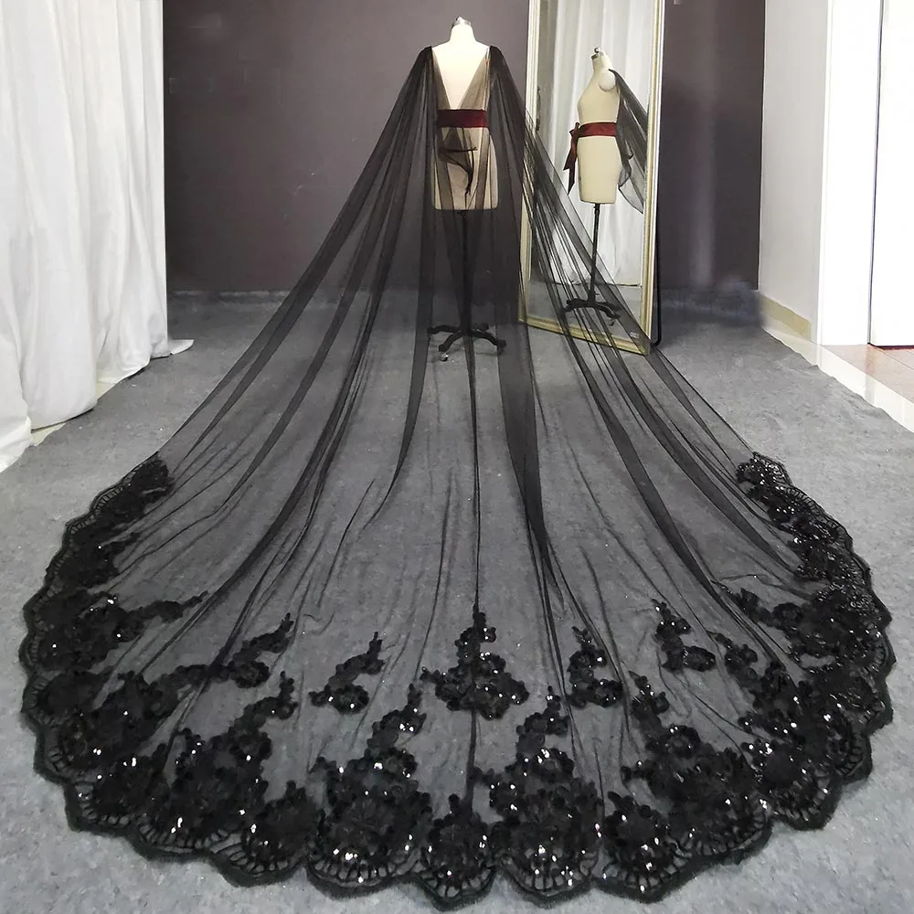 Top Trends: Real Photos Black Long Wedding Boleros Bling Sequins Lace Cathedral Bridal Cape Bolero Mariage Wedding Accessories Shoulder Veil Shoppable Styles