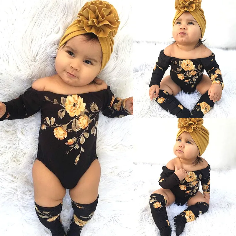 Top Trends: Baby Golden Flower Print Romper 3PCS Newborn Girl Off Shoulder Romper+ Leg Warmers Outfit Clothes Set Baby Clothing Shoppable Styles