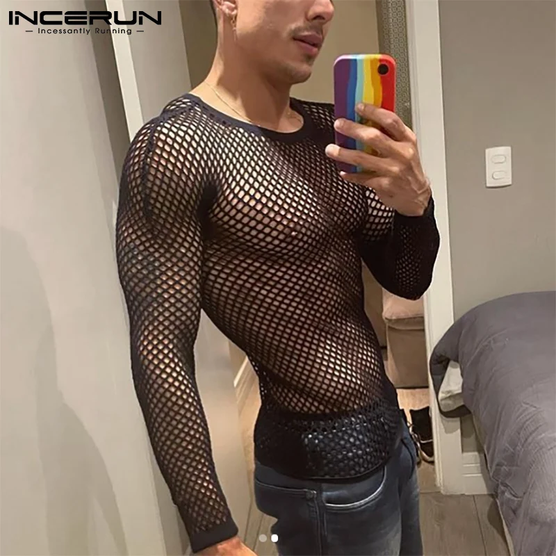 Top Trends: Tops 2023 Summer Fashion New Men's Undershirt O-neck Tees Long Sleeved Party Nightclub Breathable Mesh T-Shirts S-5XL INCERUN Shoppable Styles