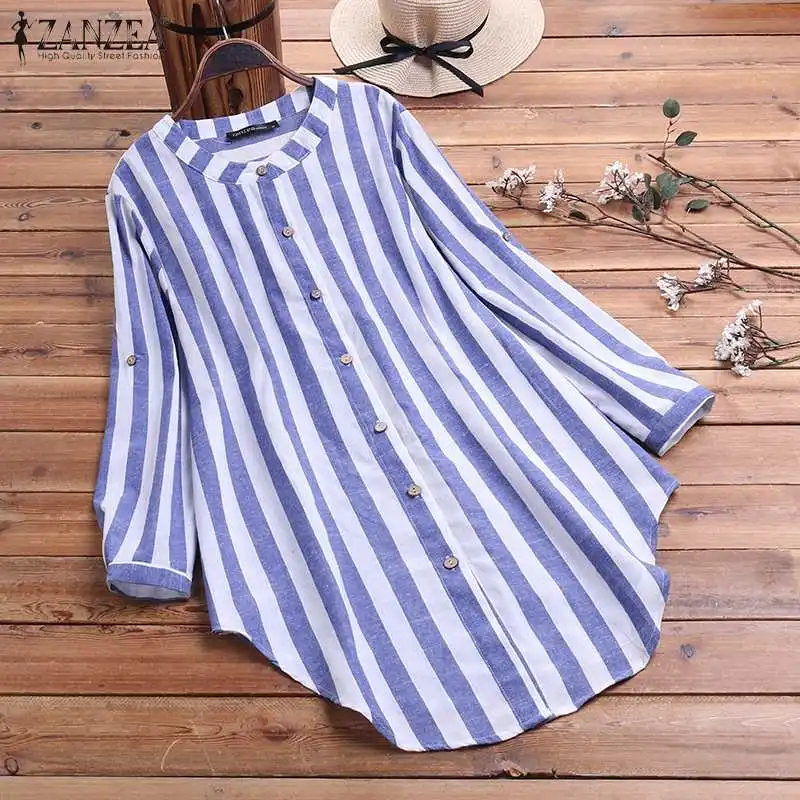 Top Trends: Oversized Women's Stripe Blouse 2023 ZANZEA Spring Causal Shirts Button Down Blusas Elegant Female Long Sleeve Asymmetrical Tops Shoppable Styles