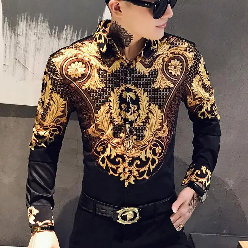 Top Trends: Luxury Paisley Black Gold Printed Shirt Men's Royal Club Clothing Korean Men's Long Sleeve Slim Long Sleeve Shirt Tuxedo Shirt Shoppable Styles