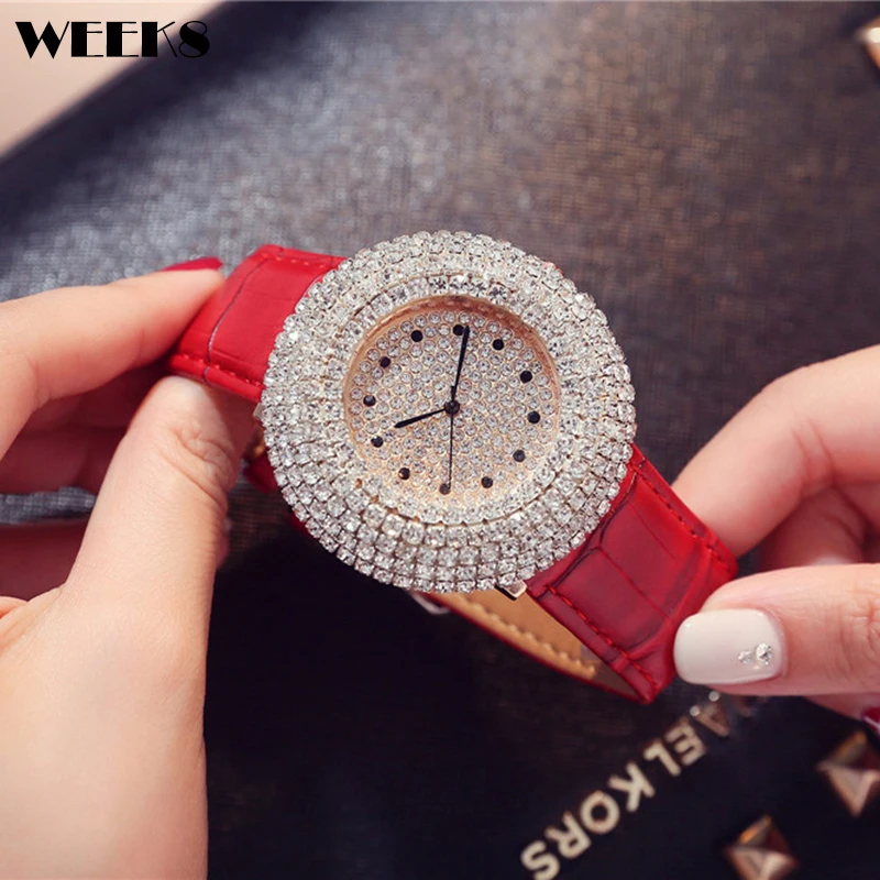 Top Trends: Luxury Diamond Women Watches Rhinestone Bling Dial Casual Red Leather Relogio Feminino Female Bracelet Lady Quartz Wristwatches Shoppable Styles